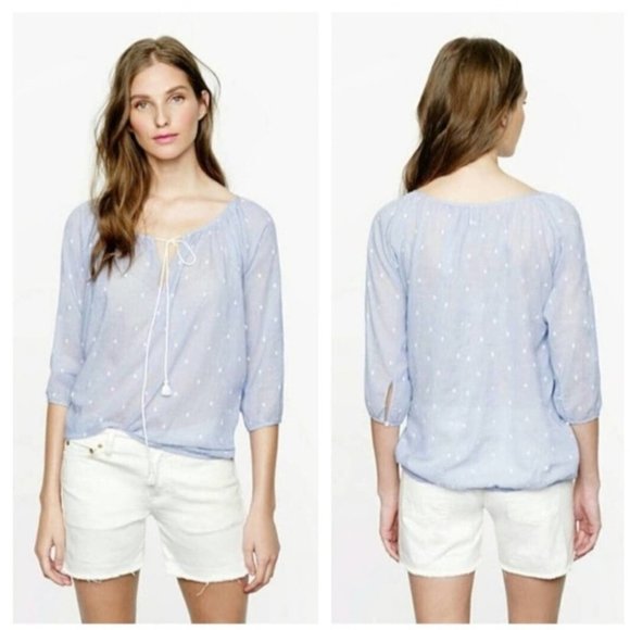J. Crew Tops - J.Crew Blouse Women's Size XS Chambray Dot Embroidered Peasant Top Tassel Ties